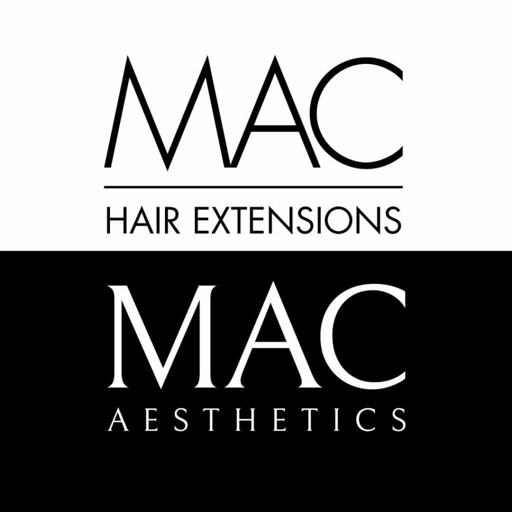 MAC Hair Extensions and MAC Aesthetics logos on split black and white background.