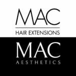 MAC Hair Extensions and MAC Aesthetics logos on split black and white background.