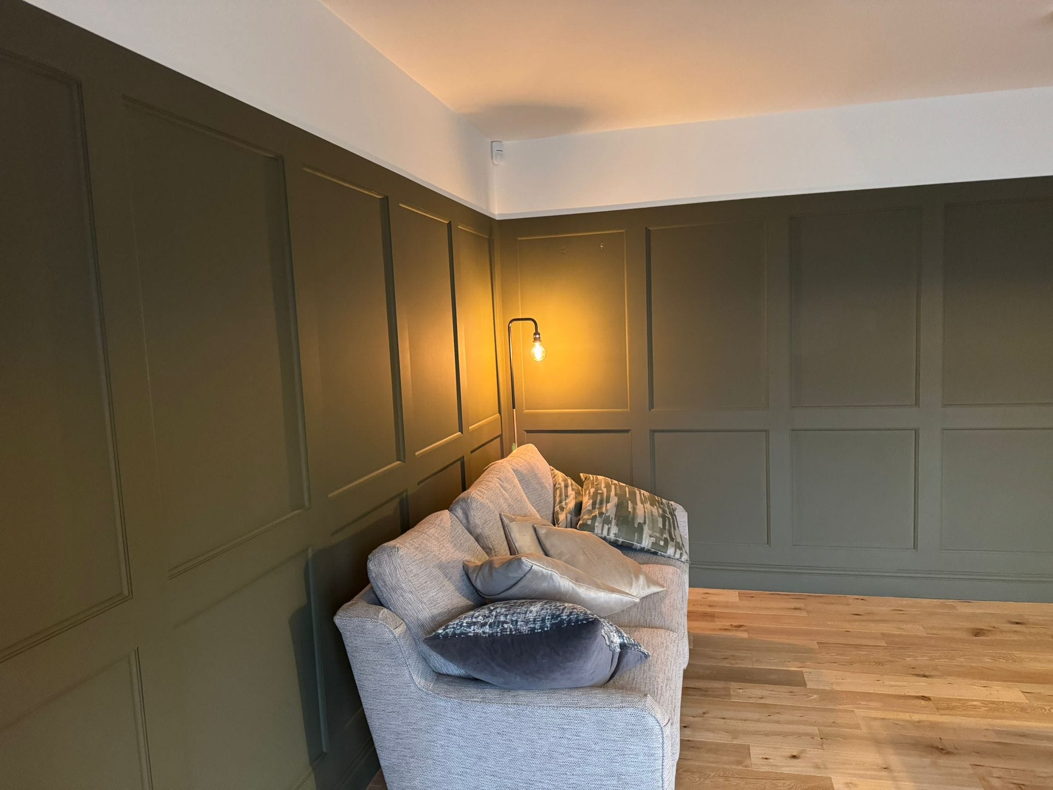 Cozy corner with a gray sofa and cushions against an olive green paneled wall, illuminated by a warm wall sconce.