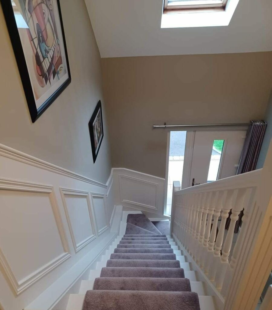 Carpeted staircase with white railing, wall art, and skylight above.