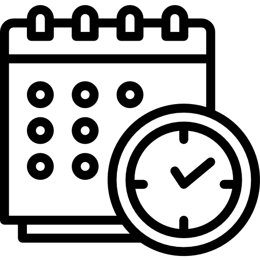 Calendar icon with a clock symbol indicating scheduled time.