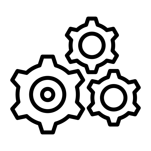 Three interlocking black gear icons on a white background.