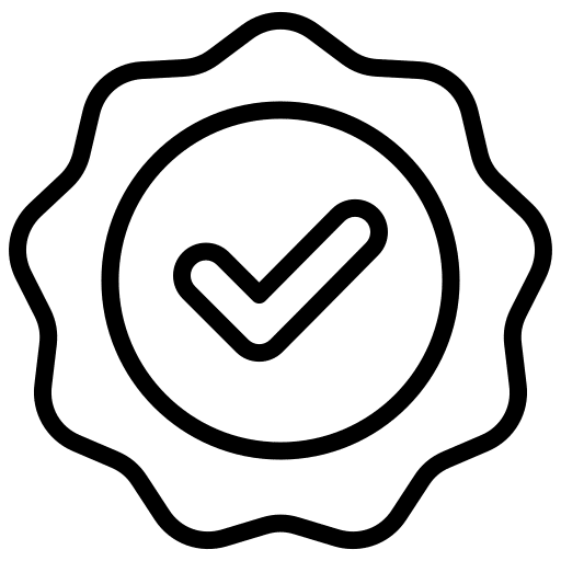 A badge icon with a checkmark, symbolizing high quality or approval.