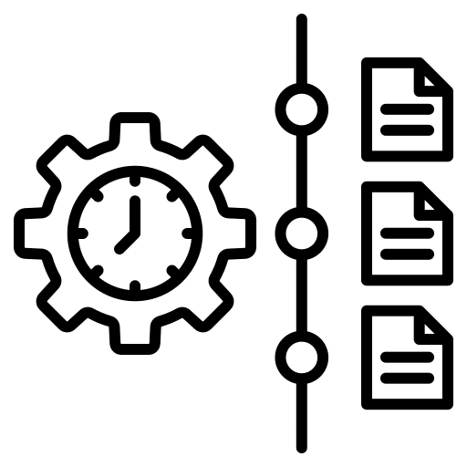 Icon of a clock inside a gear next to a vertical timeline with three documents.