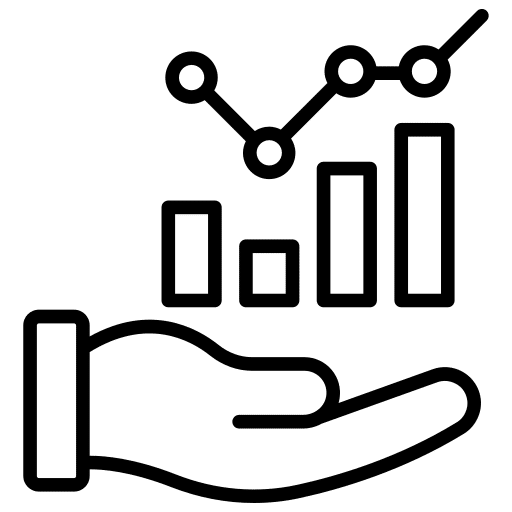 Icon of a hand holding bar and line graphs, symbolizing data analysis.